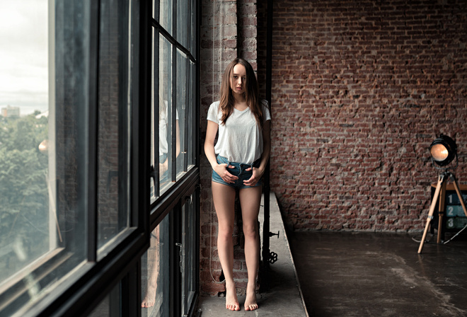 women, T-shirt, jean shorts, window, portrait, reflection