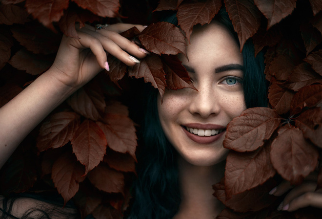 women, portrait, smiling, leaves, blue eyes, face