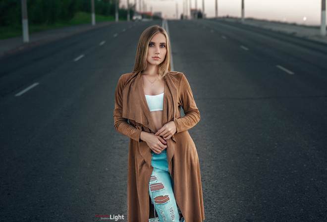 women, blonde, necklace, torn jeans, white tops, street, road, depth of field, portrait, women outdoors