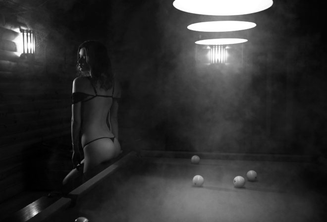 women, monochrome, ass, back, black lingerie, smoke, pool table