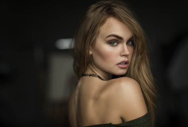 Anastasia Scheglova, women, blonde, choker, model, face, portrait, green eyes