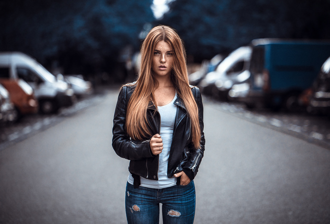 women, redhead, women outdoors, portrait, depth of field, torn jeans, freckles, leather jackets