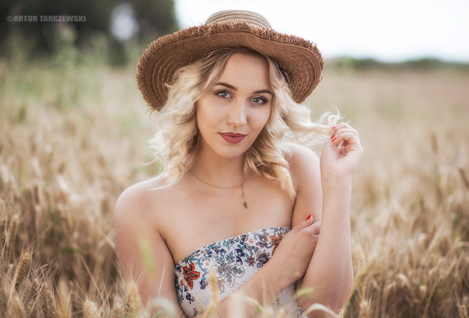 women, blonde, hat, portrait, red nails, depth of field, necklace, women outdoors