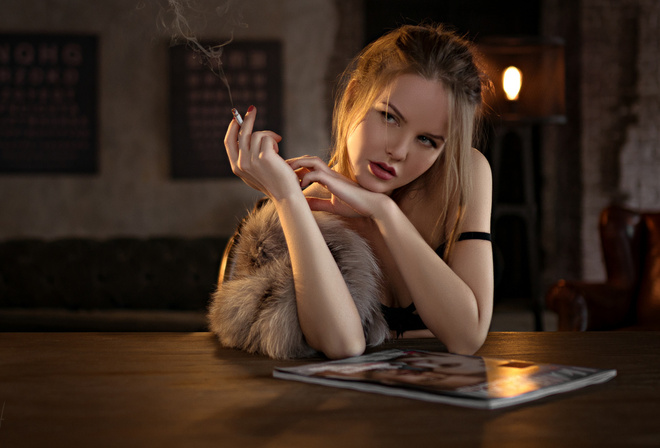 women, Kristina Yakimova, Sergey Fat, red lipstick, cigarette, smoke, fur, table, red nails, portrait, looking away