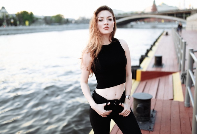 women, blonde, belly, portrait, black clothing, women outdoors, depth of field, pale