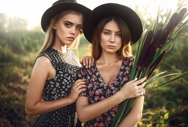 women, portrait, blonde, dress, hat, brunette, women outdoors, depth of field