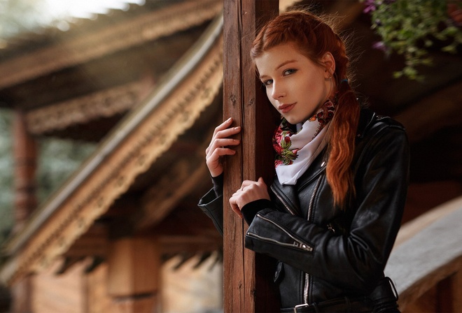 women, portrait, redhead, leather jackets, depth of field