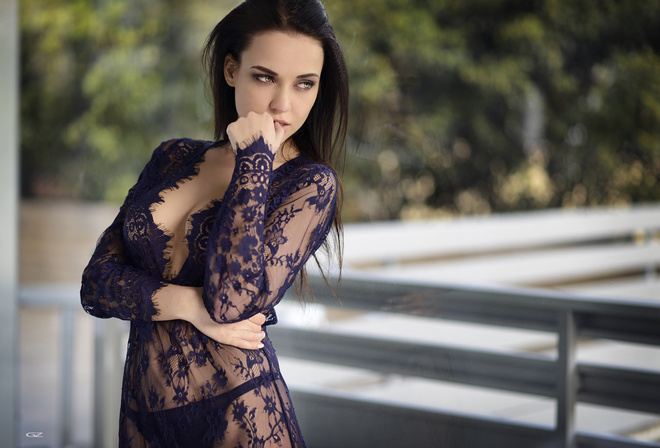 Angelina Petrova, women, depth of field, lingerie, see-through clothing, looking away, Giovanni Zacche, finger on lips, panties