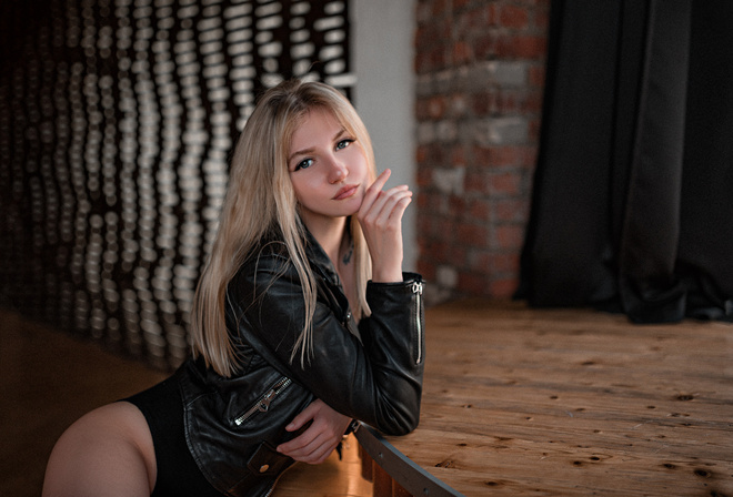 women, blonde, monokinis, portrait, leather jackets, tattoo, depth of field