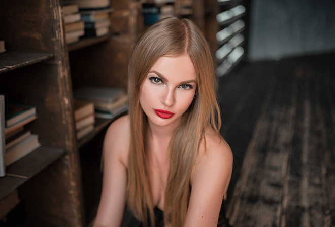 women, blonde, red lipstick, portrait, depth of field