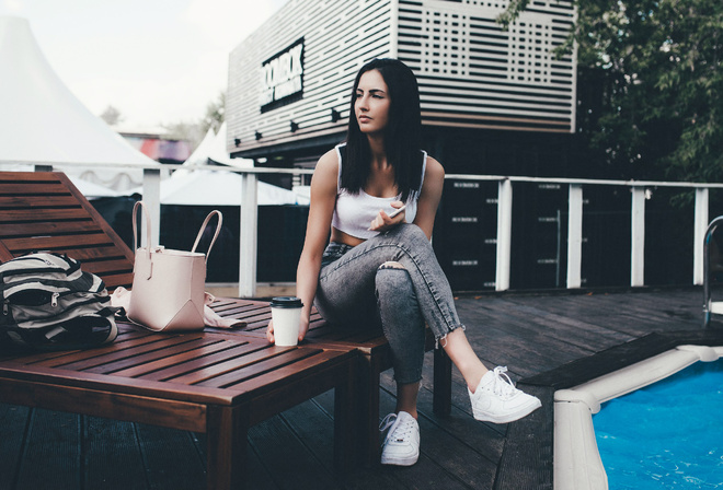 women, sitting, portrait, jeans, sneakers, looking away, swimming pool, women outdoors