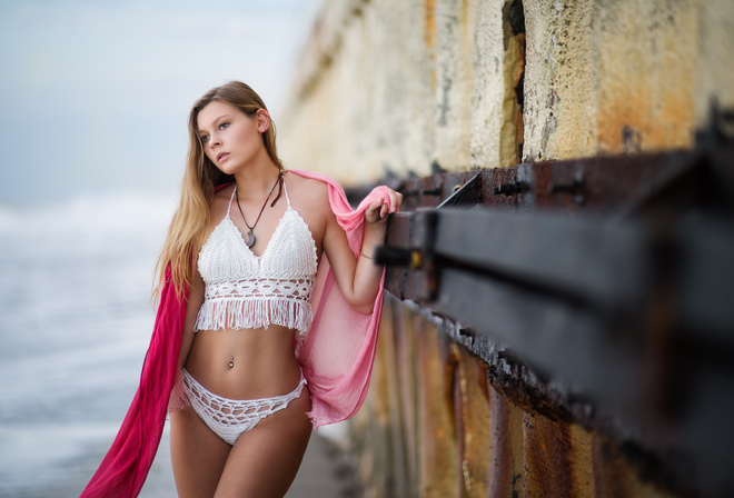 women, tanned, blonde, white bikini, belly, pierced navel, portrait, looking away, depth of field, women outdoors