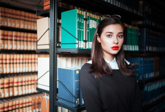 women, portrait, red lipstick, glasses, books