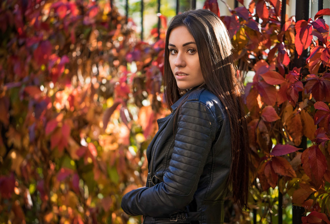 women, portrait, depth of field, leather jackets, long hair, women outdoors