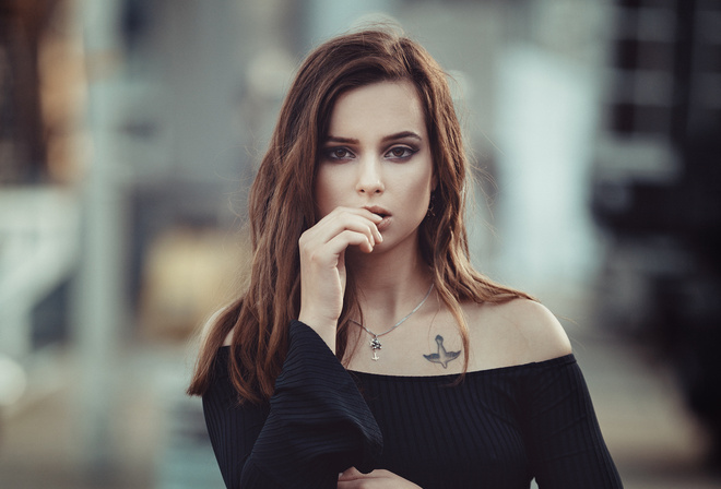 women, portrait, tattoo, finger on lips, necklace, depth of field