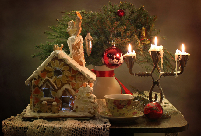 holiday, new year, christmas, table, napkin, gingerbread, house, vase, branches, spruce, cup, candlestick, candles, toys