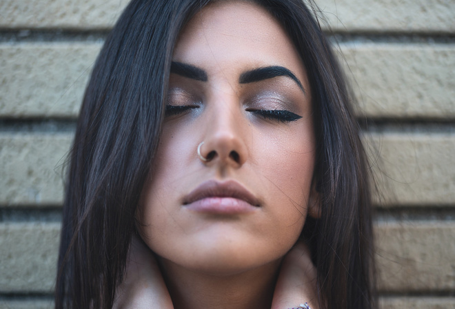 women, face, portrait, nose rings, closed eyes, eyeliner