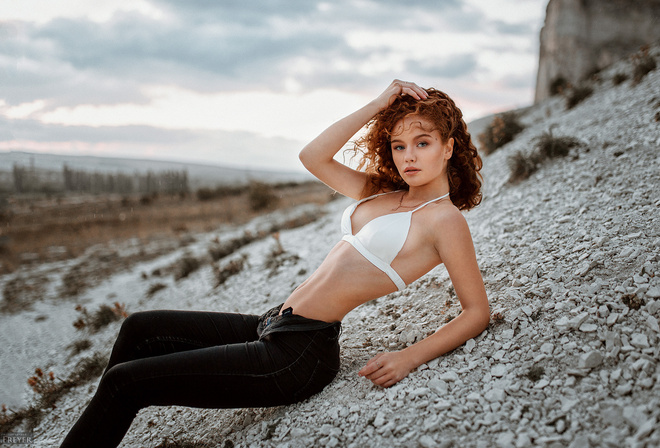 women, Evgeny Freyer, sitting, redhead, jeans, belly, bikini top, depth of field, women outdoors