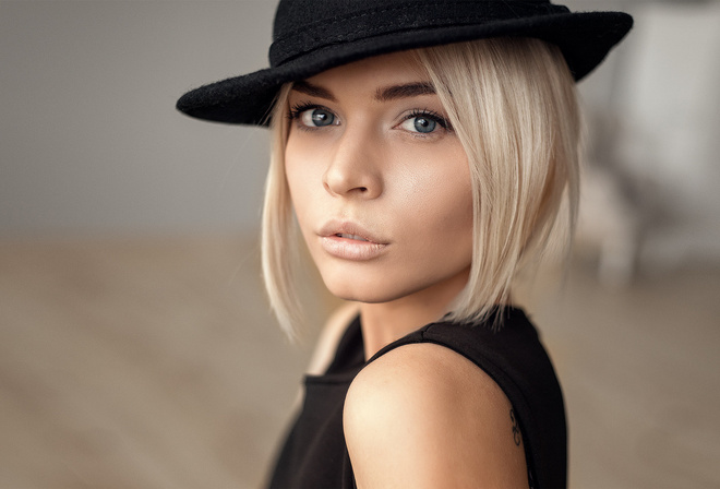 women, blonde, hat, tattoo, face, portrait