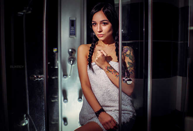 women, tattoo, pigtails, portrait, shower, towel