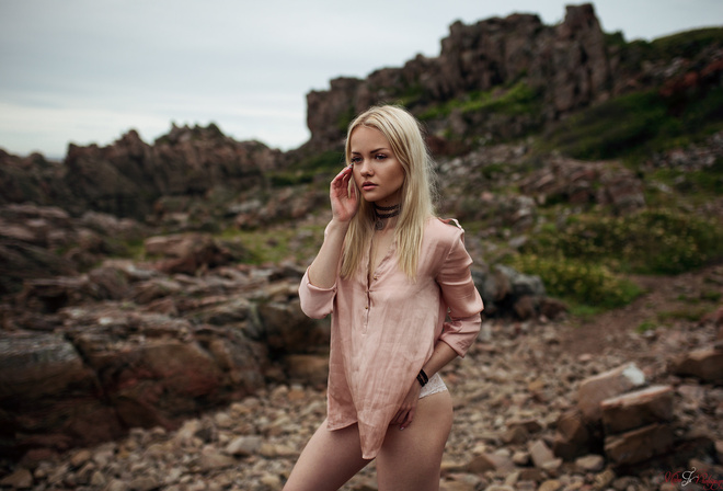 Alicja Sedzielewska, women, blonde, white panties, women outdoors, choker, brunette, depth of field, portrait