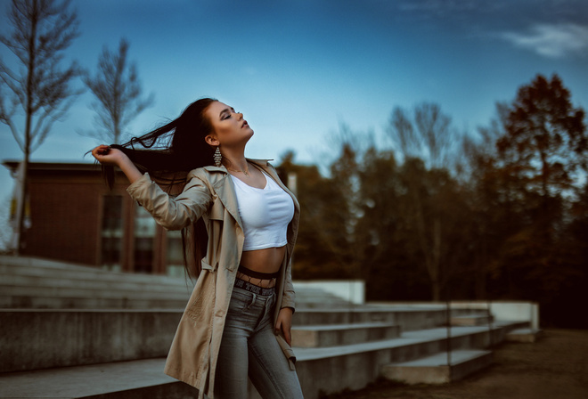 women, tanned, closed eyes, jeans, fishnet stockings, necklace, depth of field, women outdoors