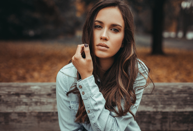 women, face, portrait, depth of field, trees, women outdoors, painted nails, shirt