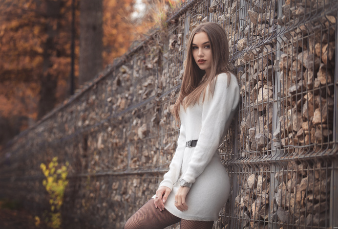 women, white dress, portrait, depth of field, women outdoors, fishnet stockings