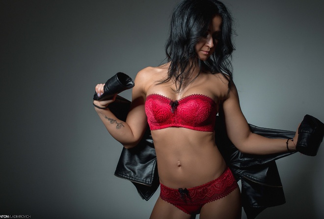 women, tanned, belly, red lingerie, tattoo, portrait, leather jackets, simple background