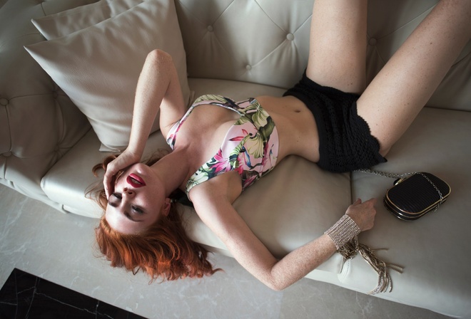 women, redhead, brunette, couch, belly, lying on back