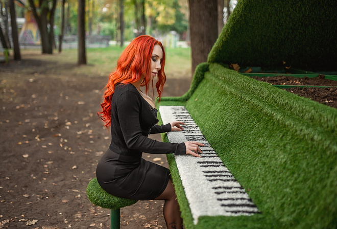 women, redhead, black clothing, trees, sitting, brunette, skirt, depth of field, women outdoors, piano, tattoo