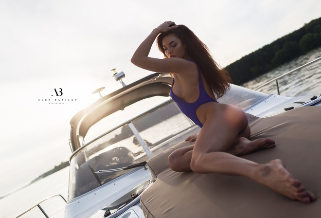 women, Alex Bazilev, tanned, ass, yachts, sideboob, women outdoors, sitting, one-piece swimsuit