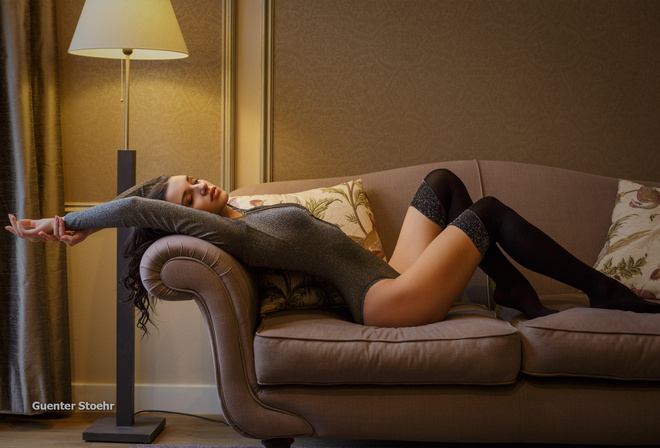 women, Guenter Stoehr, leotard, lamp, black stockings, closed eyes, couch, brunette