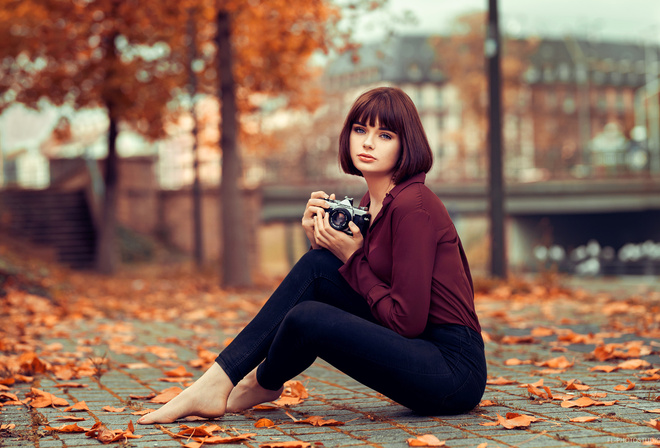 women, sitting, pants, leaves, camera, trees, portrait, women outdoors