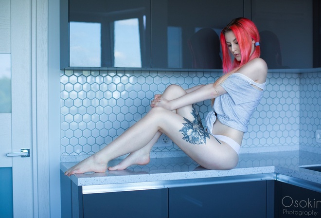 women, sitting, pigtails, tattoo, pale, white panties, kitchen, redhead, dyed hair