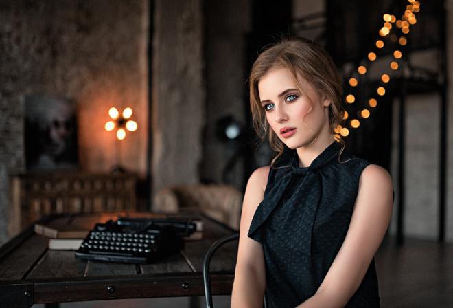 women, portrait, sitting, table, depth of field, typewriters, chair