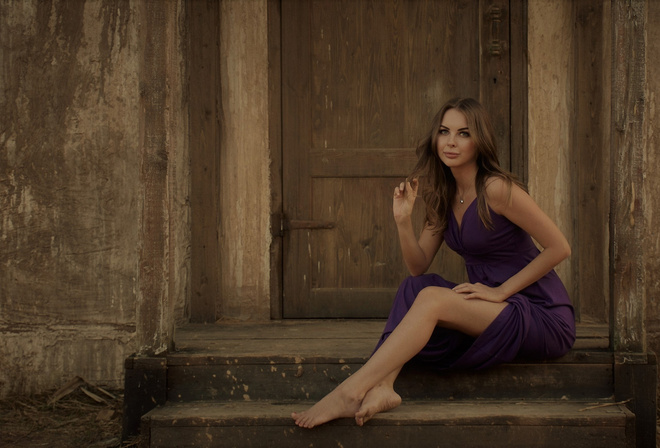 women, portrait, purple dresses, sitting, brunette, necklace, door