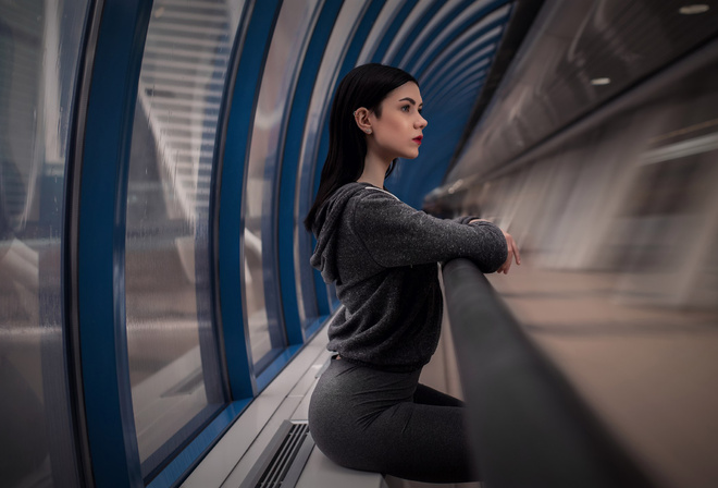 women, sitting, red lipstick, depth of field, portrait, sweater, looking away