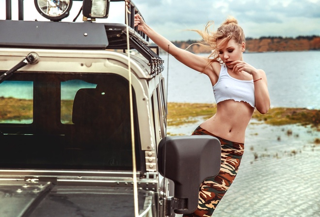 women, blonde, women with cars, belly, brunette, tank top, women outdoors, armpits, finger on lips, nipple through clothing