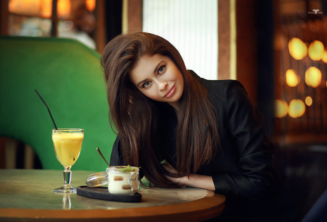 women, portrait, table, smiling, depth of field