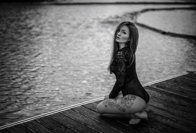 women, pier, tattoo, ass, kneeling, water, black lingerie, monochrome, women outdoors