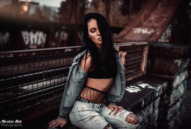 women, tanned, torn jeans, sitting, fishnet stockings, belly, depth of field, portrait, closed eyes