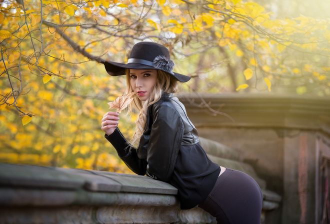 women, hat, blonde, portrait, leather jackets, leaves, women outdoors, black clothing