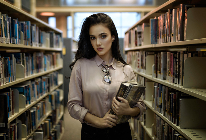 women, portrait, books, glasses, depth of field