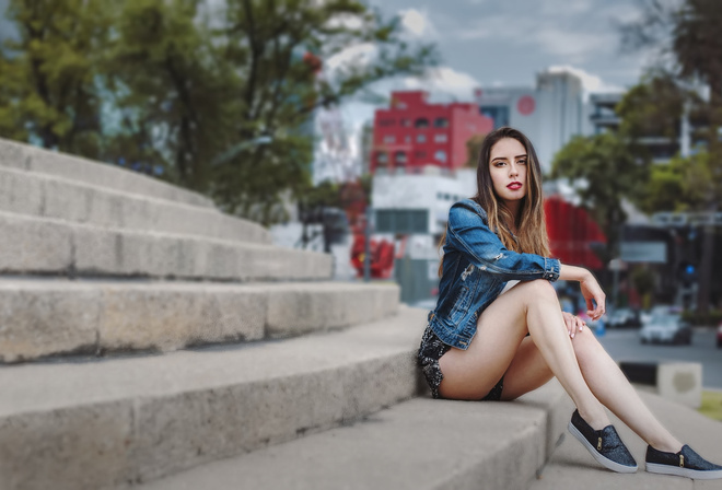 women, sitting, stairs, women outdoors, sneakers, brunette, depth of field, jean shorts, denim, red lipstick, portrait