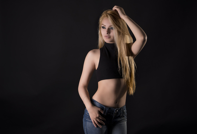 women, blonde, belly, long hair, brunette, jeans, simple background, portrait, looking away