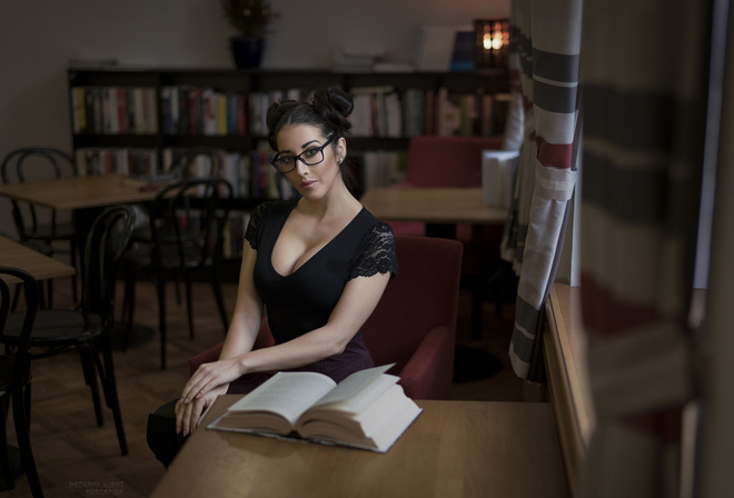 women, Barbora Zavadilova, portrait, table, sitting, women with glasses, books, hairbun