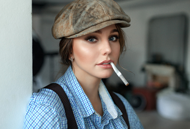 women, blue eyes, shirt, cigarettes, face, portrait, depth of field, suspenders