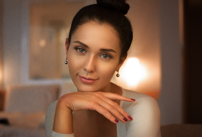 women, face, portrait, smiling, depth of field, red nails