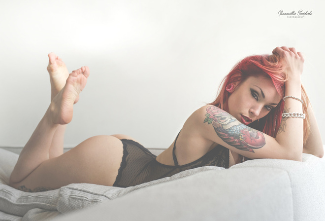 women, redhead, ass, tattoo, black lingerie, lying on front, pierced lip, brunette